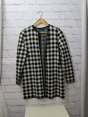 Talbots Medium Petite Classic Checkered Open Front Wool Blend Long Cardigan